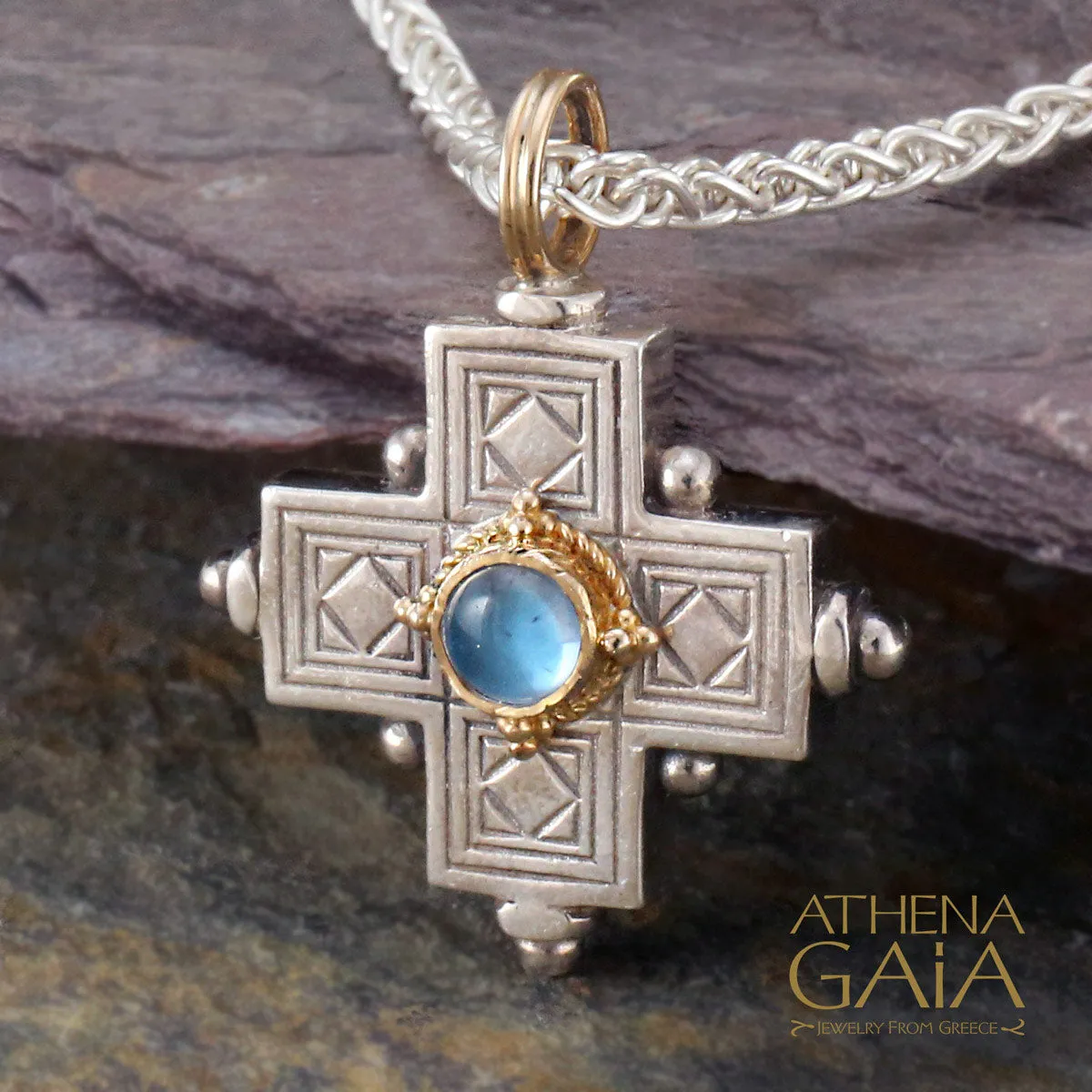 Rustic Center Stone Silver Greek Cross