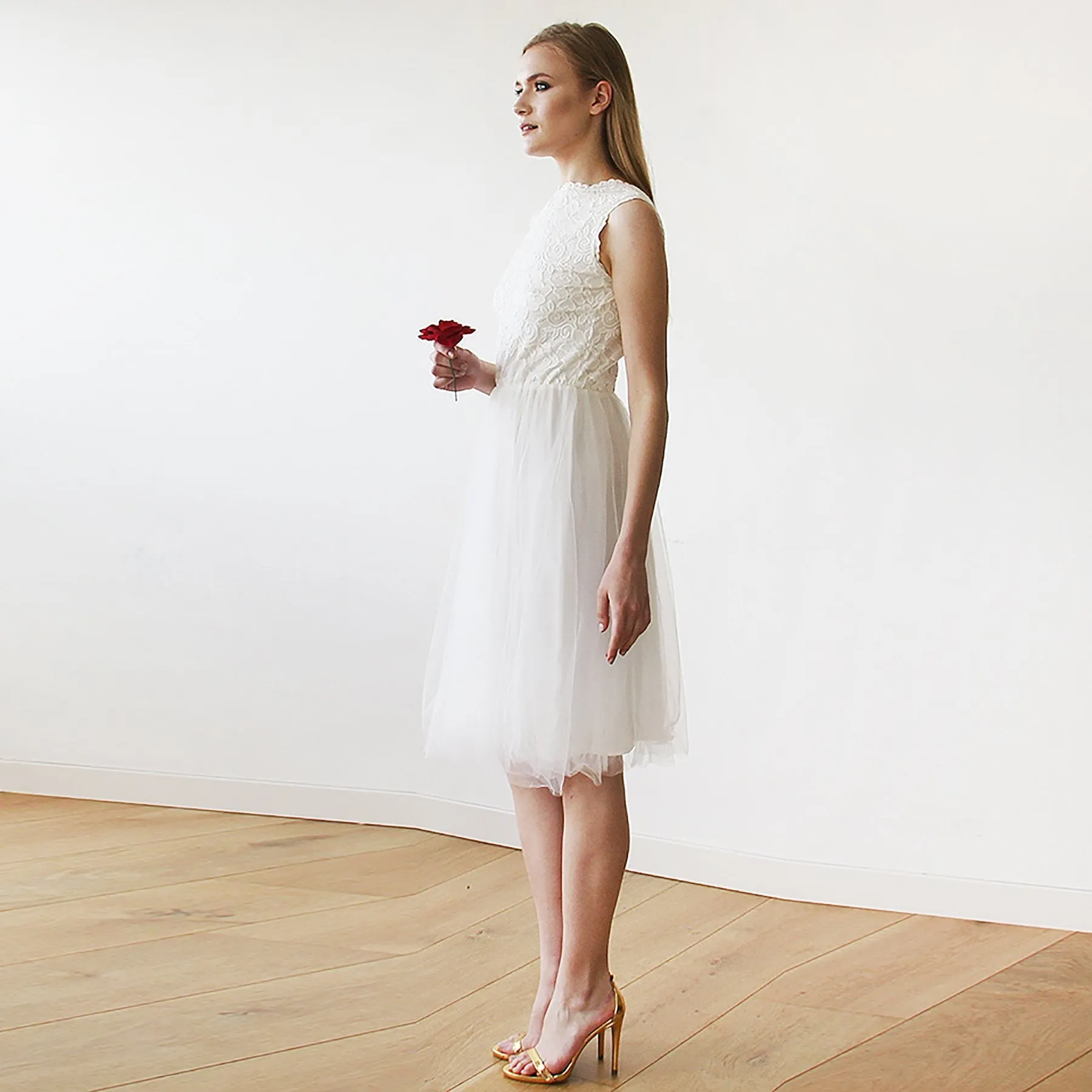 Short wedding dress ,Ivory Lace & Tulle Sleeveless Midi Dress #1159