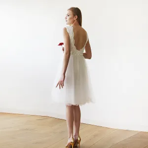 Short wedding dress ,Ivory Lace & Tulle Sleeveless Midi Dress #1159
