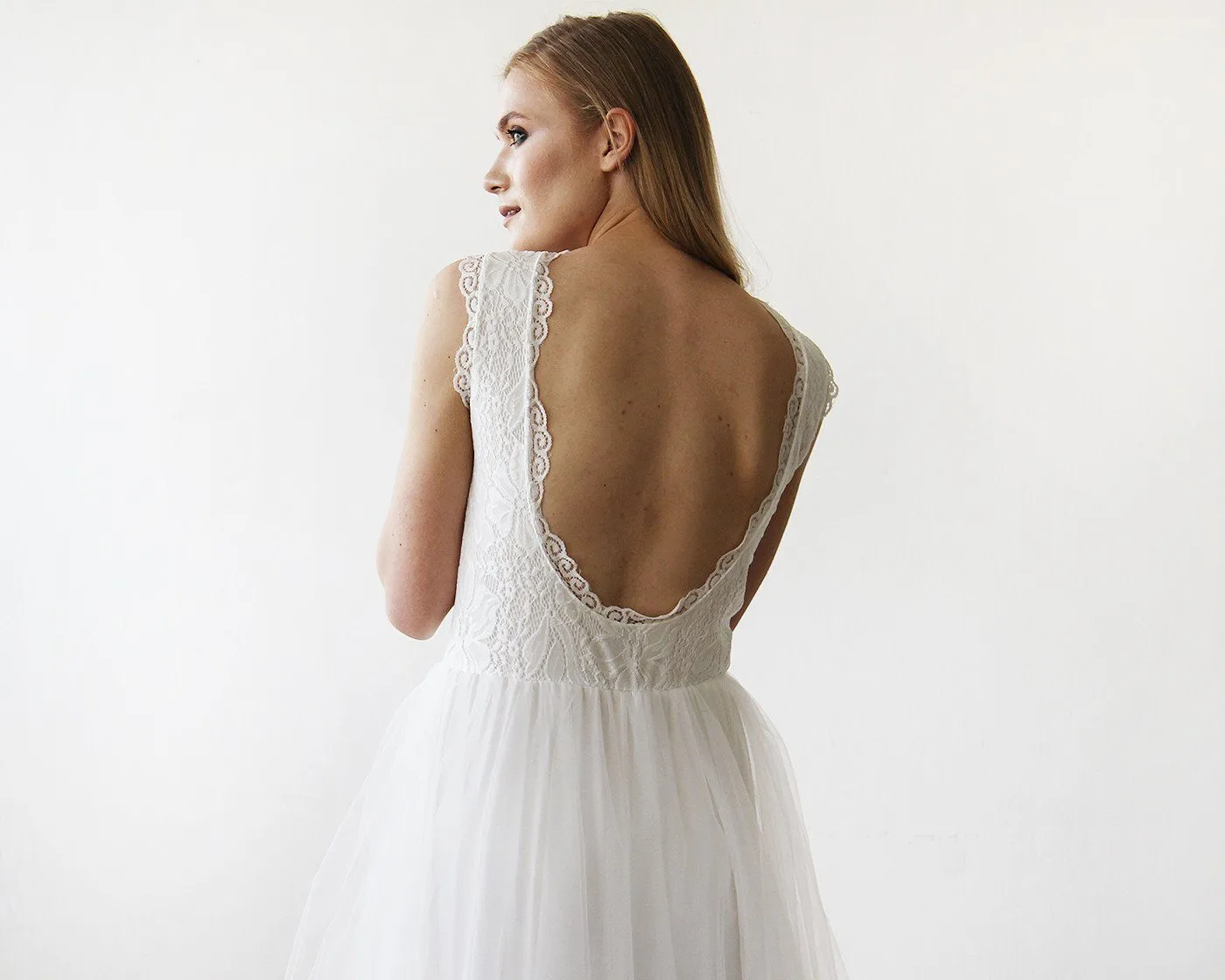 Short wedding dress ,Ivory Lace & Tulle Sleeveless Midi Dress #1159