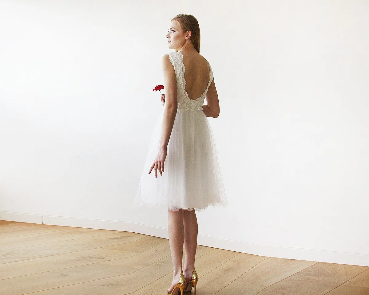 Short wedding dress ,Ivory Lace & Tulle Sleeveless Midi Dress #1159