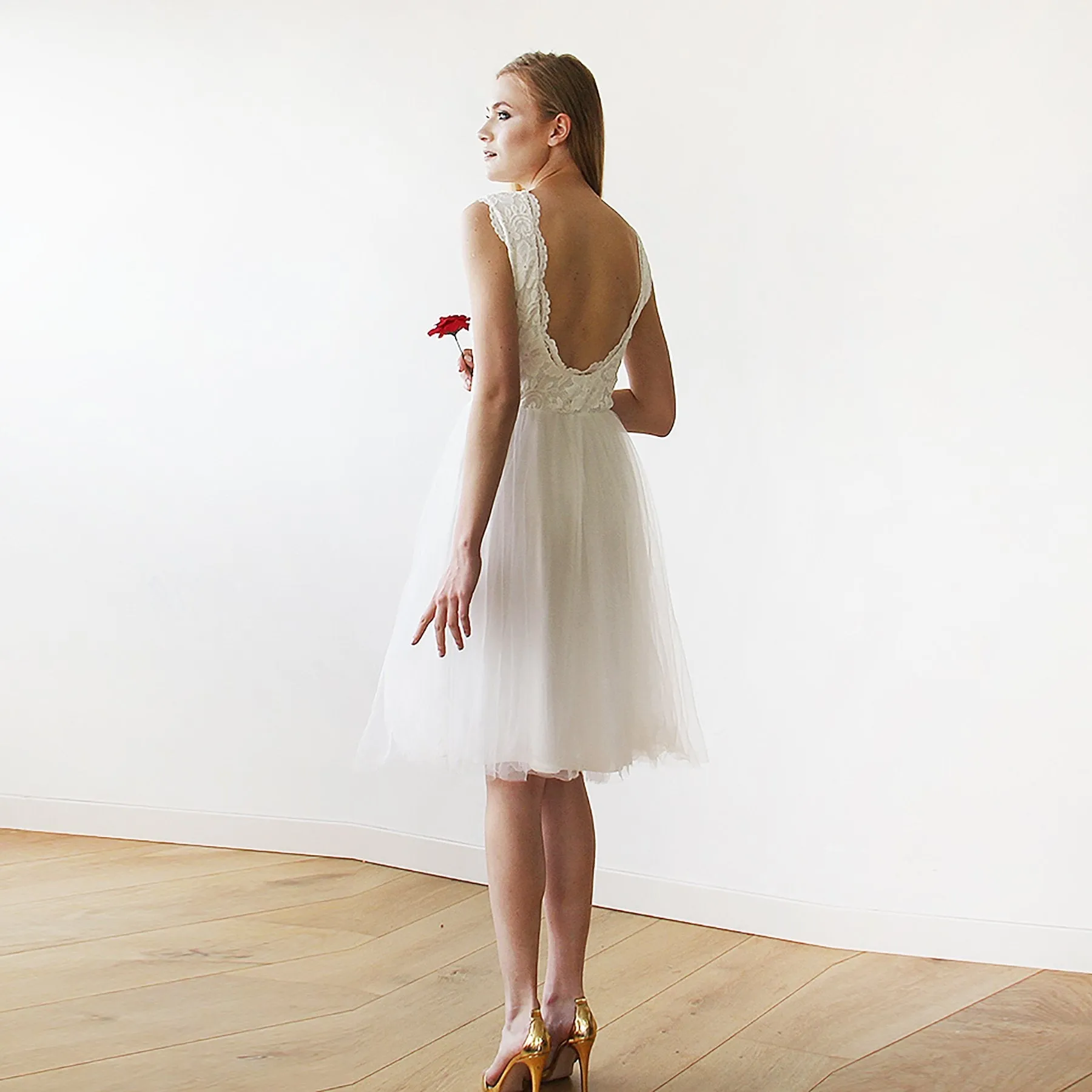 Short wedding dress ,Ivory Lace & Tulle Sleeveless Midi Dress #1159