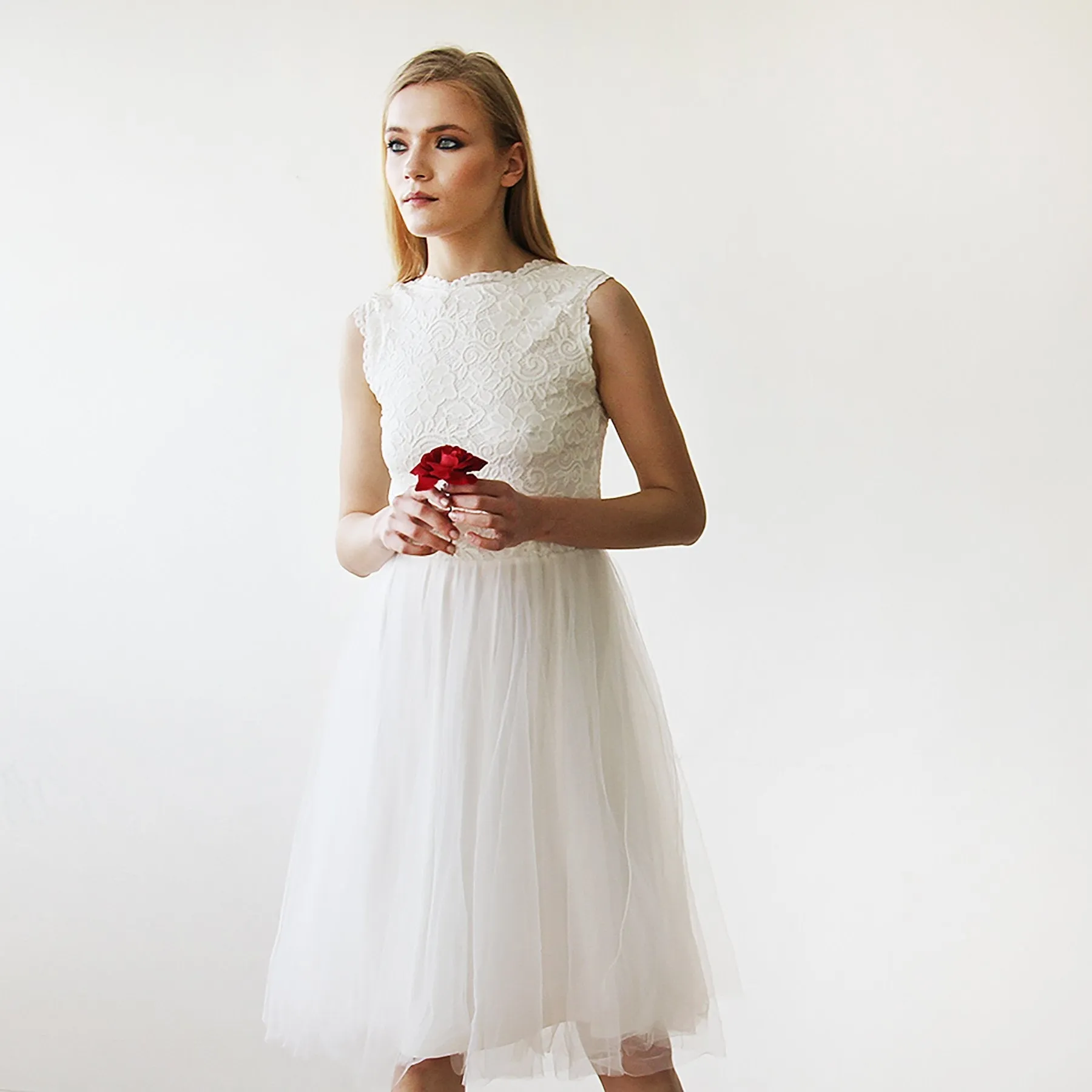 Short wedding dress ,Ivory Lace & Tulle Sleeveless Midi Dress #1159