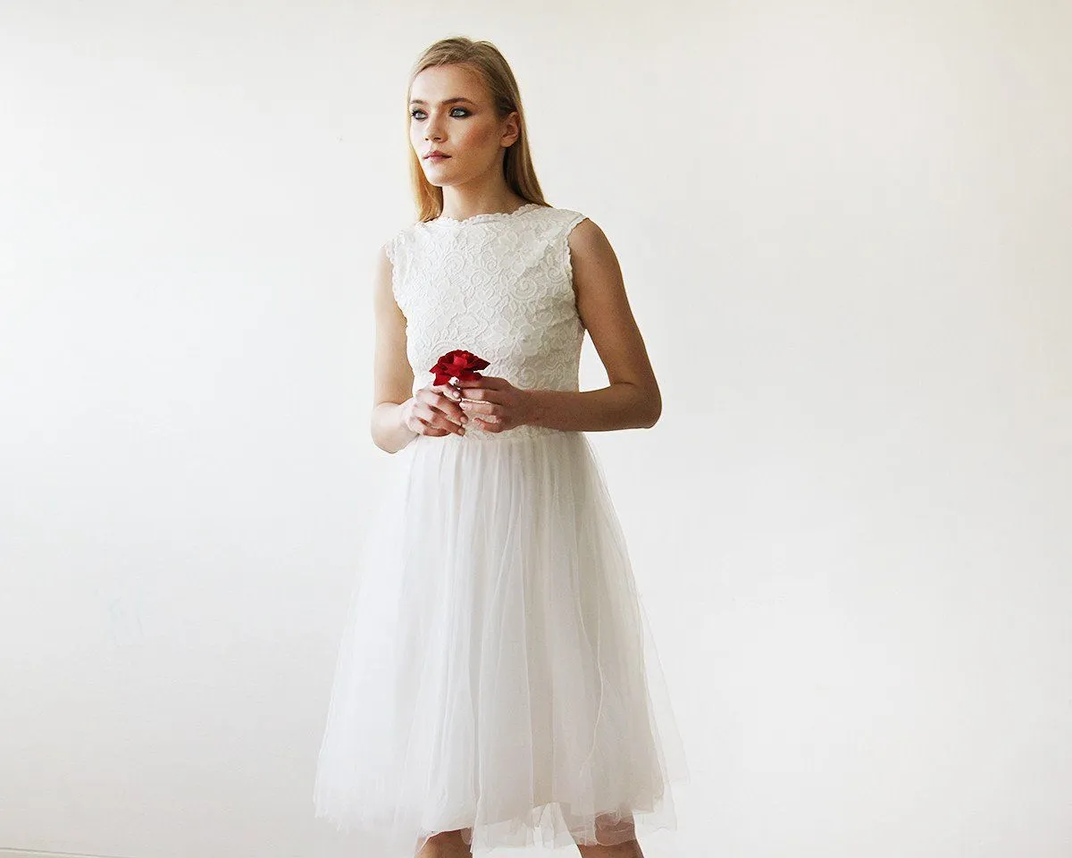 Short wedding dress ,Ivory Lace & Tulle Sleeveless Midi Dress #1159