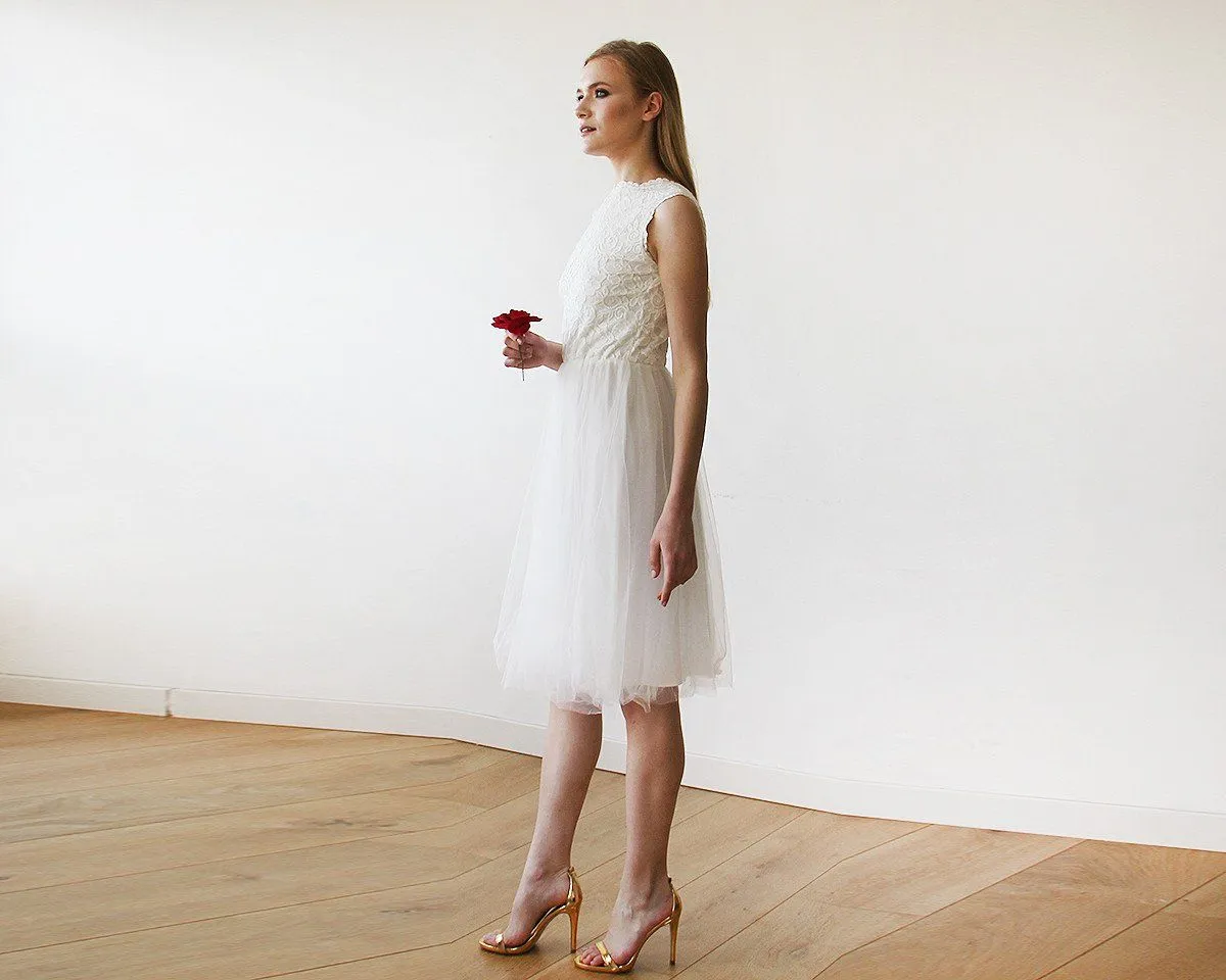 Short wedding dress ,Ivory Lace & Tulle Sleeveless Midi Dress #1159
