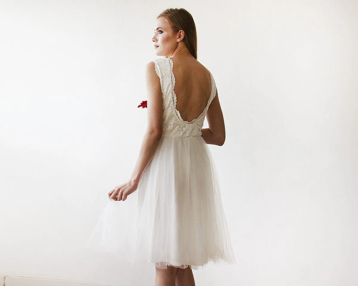 Short wedding dress ,Ivory Lace & Tulle Sleeveless Midi Dress #1159