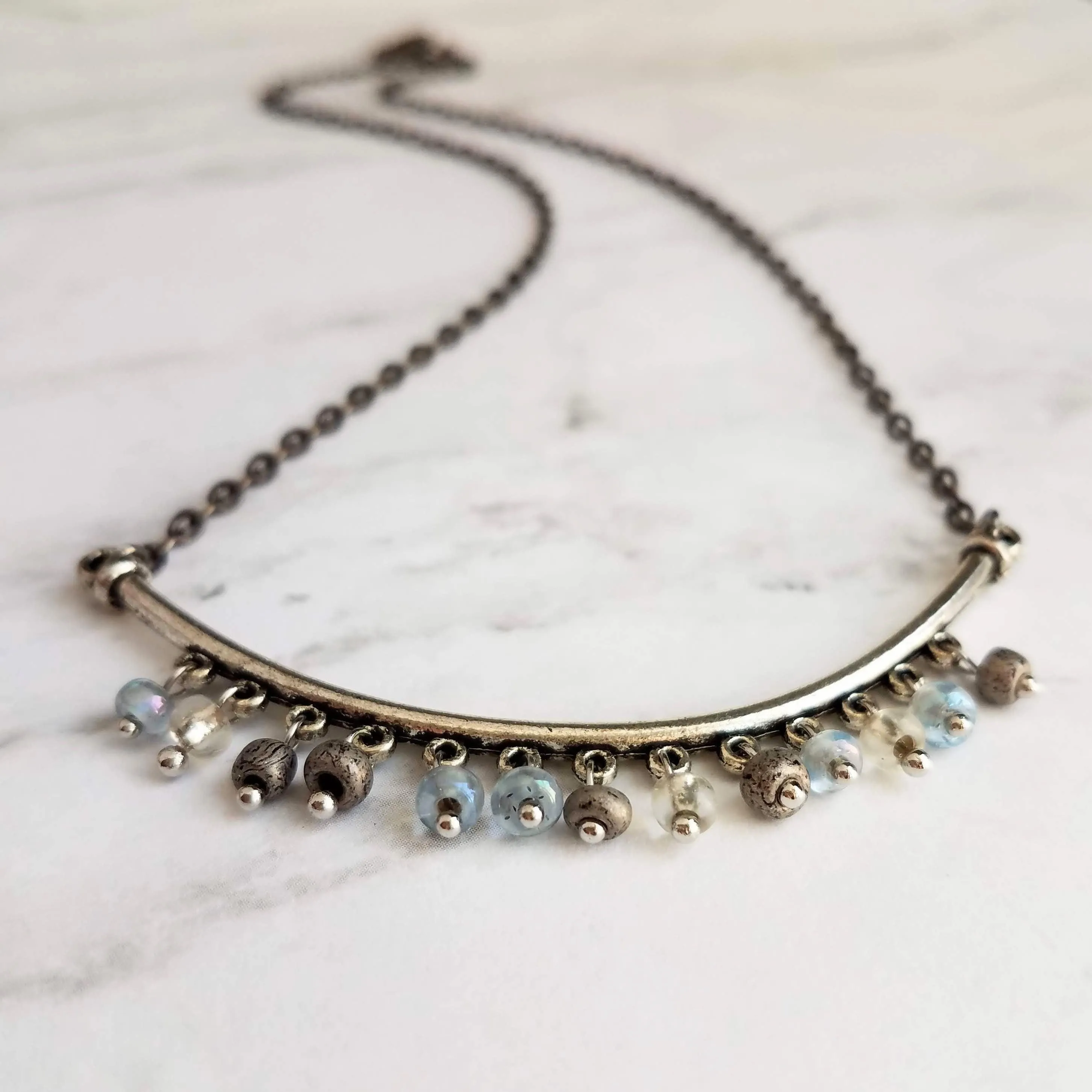 Silver Bead Necklace, u shape pendant, small bead fringe, long curved pendant, silver black gunmetal chain, rustic antique, blue clear beads