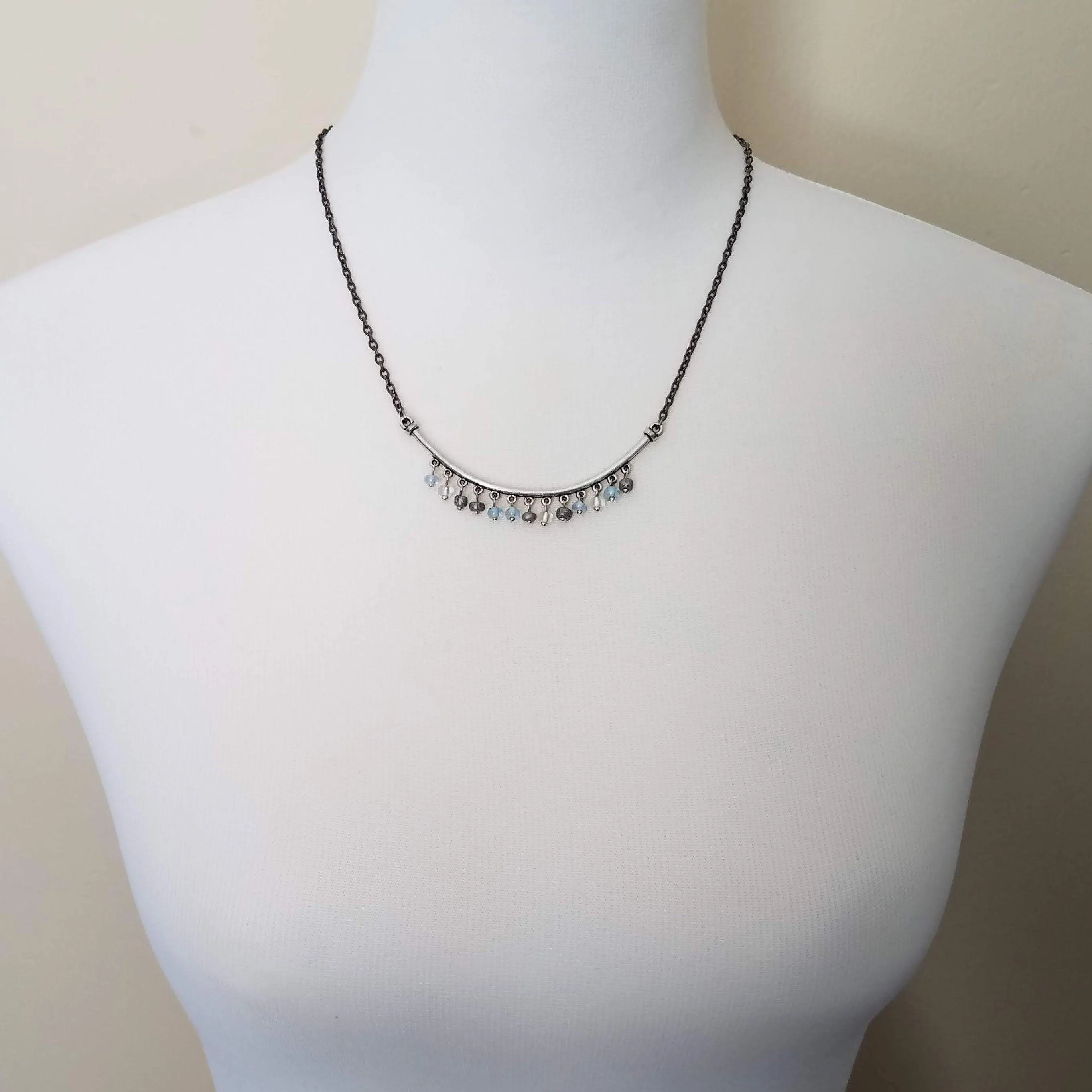 Silver Bead Necklace, u shape pendant, small bead fringe, long curved pendant, silver black gunmetal chain, rustic antique, blue clear beads