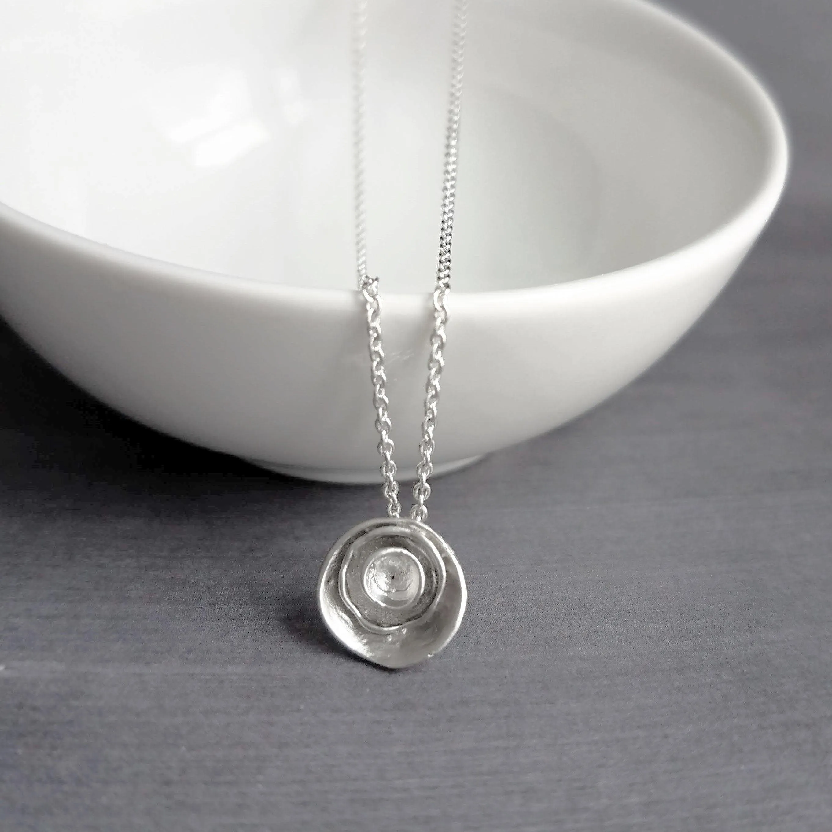 Silver Layer Necklace, cupped necklace, silver disks necklace, silver circles necklace, nesting cups necklace, small round pendant, matte