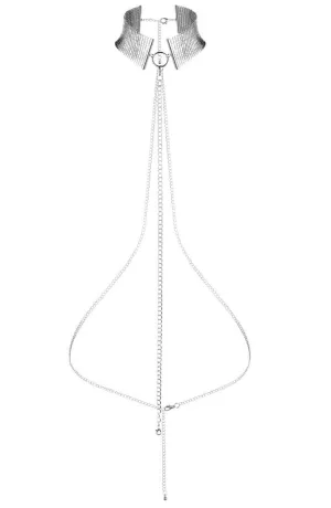 Silver metallic choker with body harness chain
