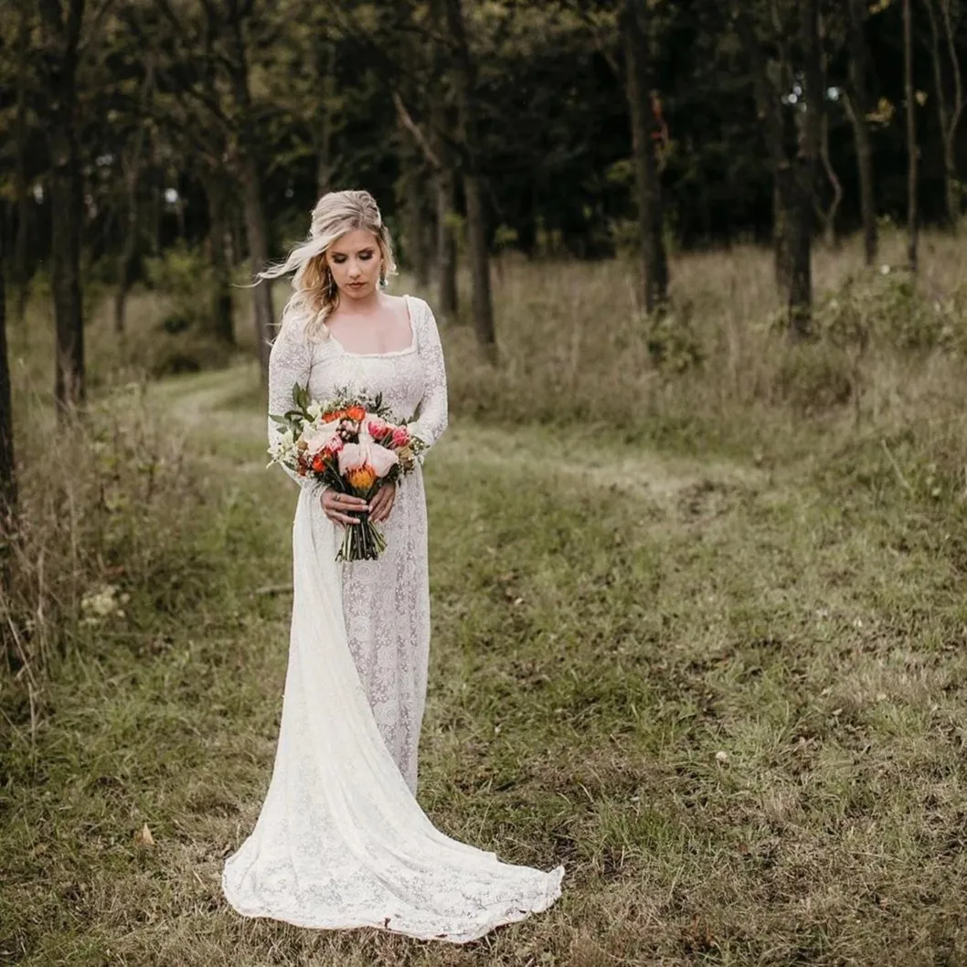 Square Neckline Wedding Train Dress #1207