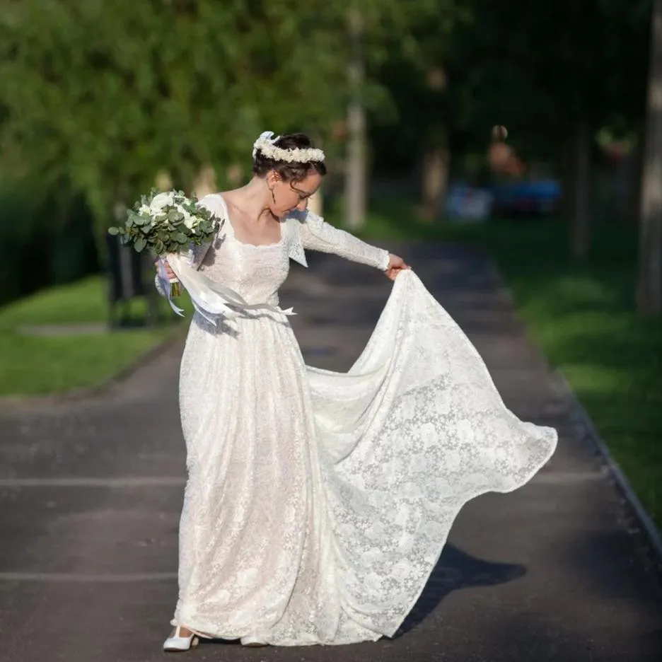 Square Neckline Wedding Train Dress #1207