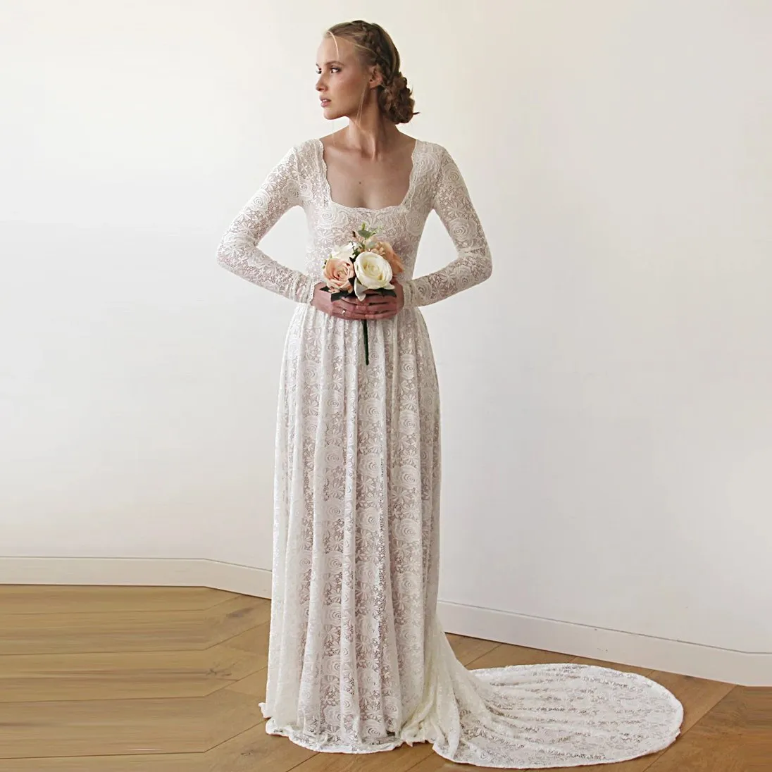 Square Neckline Wedding Train Dress #1207
