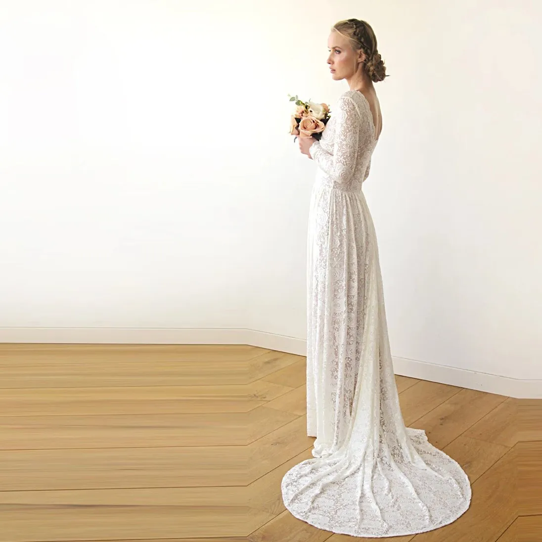 Square Neckline Wedding Train Dress #1207