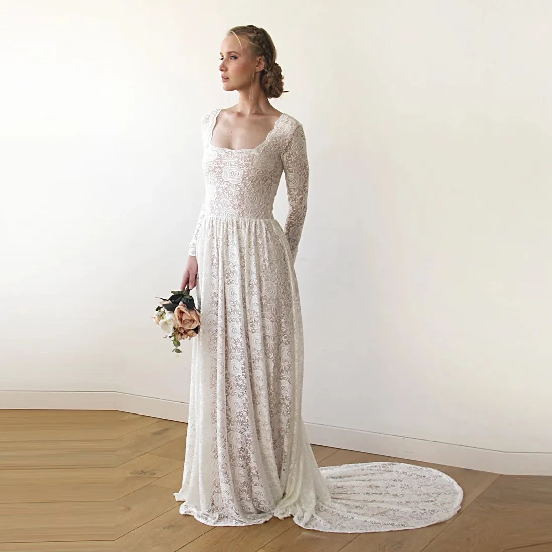 Square Neckline Wedding Train Dress #1207