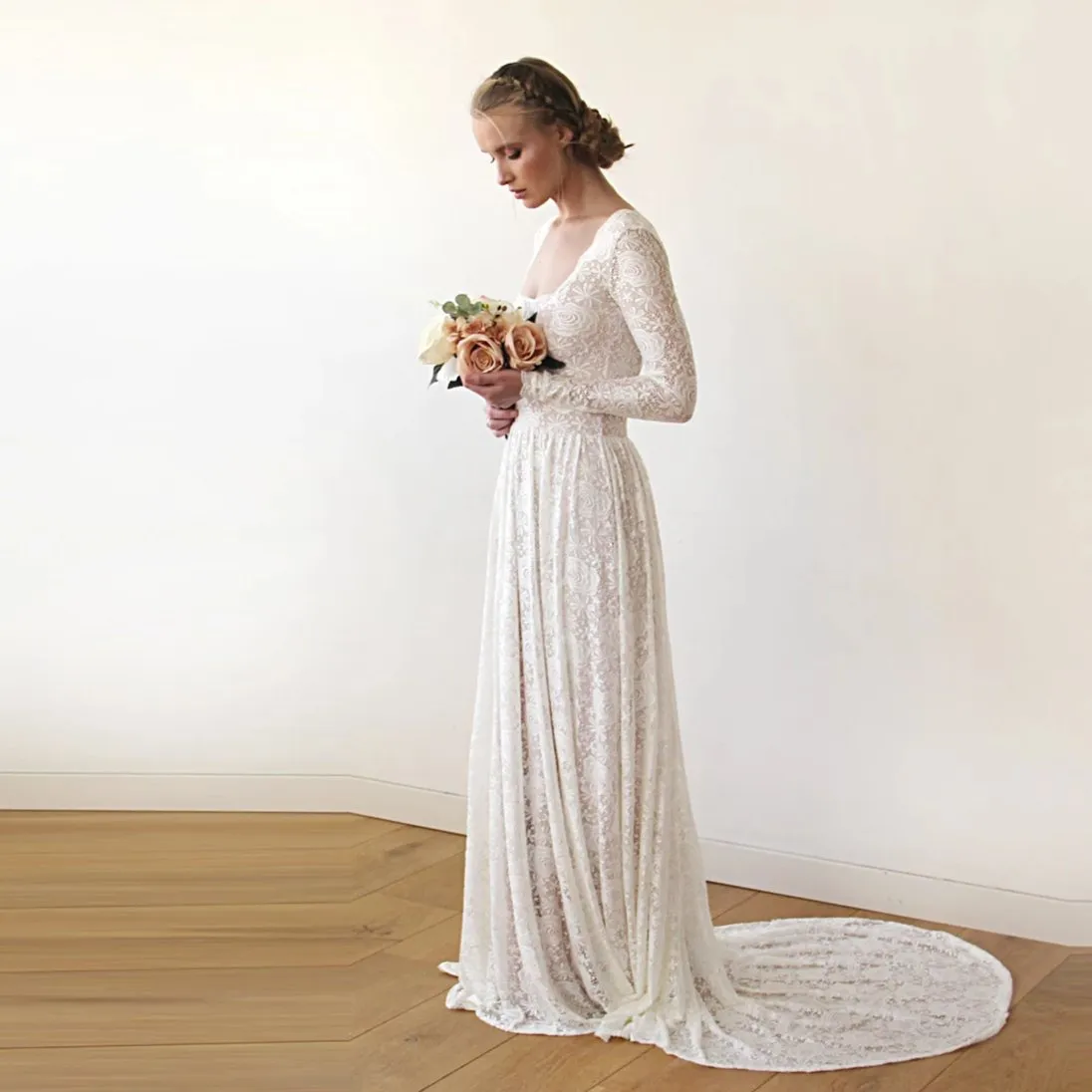 Square Neckline Wedding Train Dress #1207
