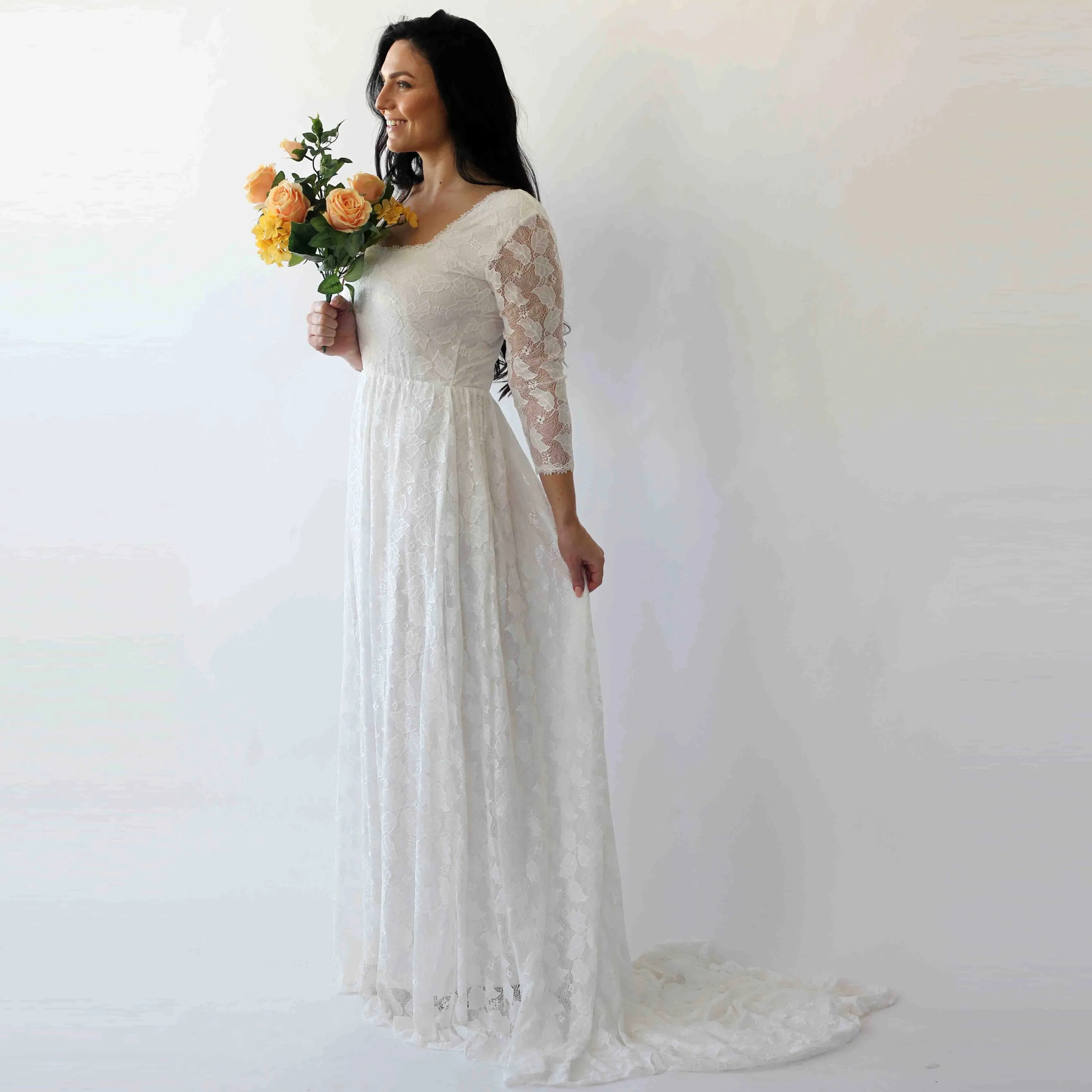 Square Neckline Wedding Train Dress  #1272