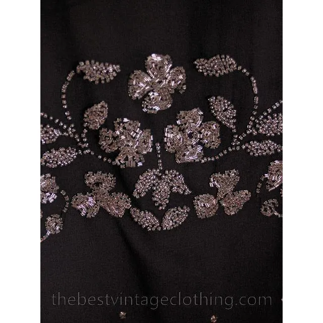 Stunning Antique 1920s Flapper Dress Beaded Black Chiffon Rhinestones Art Deco Near Mint 42 Bust