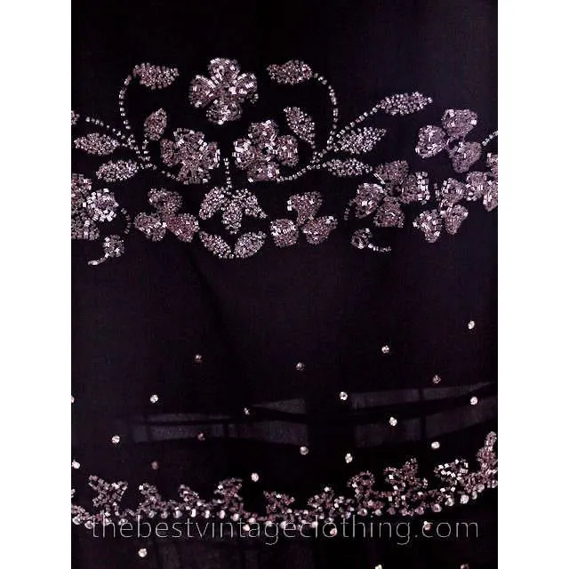 Stunning Antique 1920s Flapper Dress Beaded Black Chiffon Rhinestones Art Deco Near Mint 42 Bust