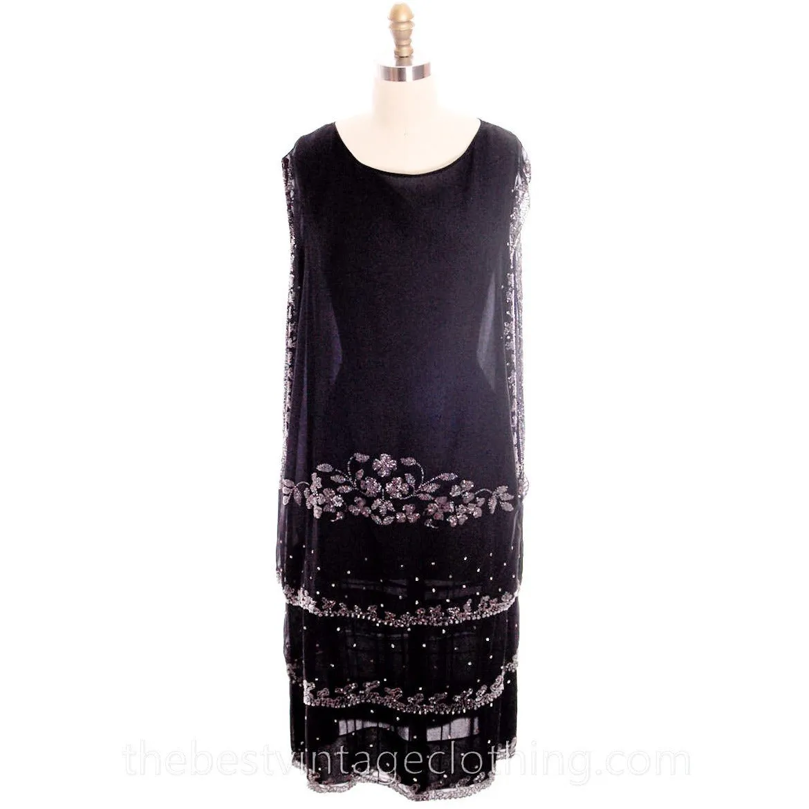 Stunning Antique 1920s Flapper Dress Beaded Black Chiffon Rhinestones Art Deco Near Mint 42 Bust