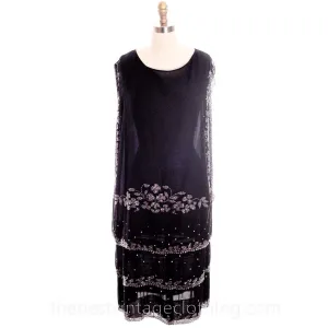 Stunning Antique 1920s Flapper Dress Beaded Black Chiffon Rhinestones Art Deco Near Mint 42 Bust