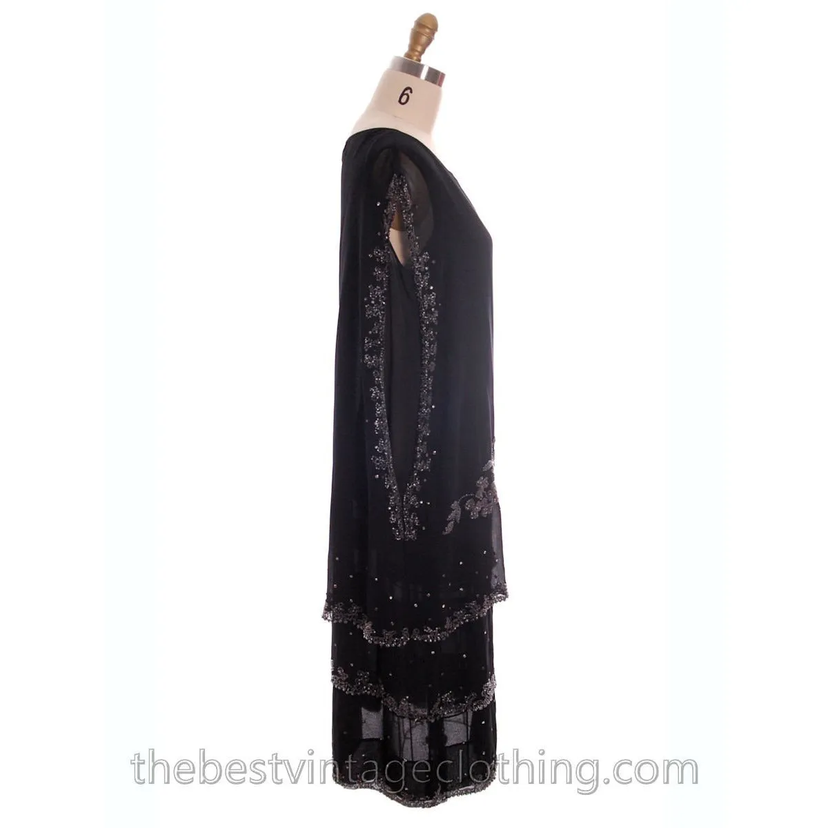 Stunning Antique 1920s Flapper Dress Beaded Black Chiffon Rhinestones Art Deco Near Mint 42 Bust