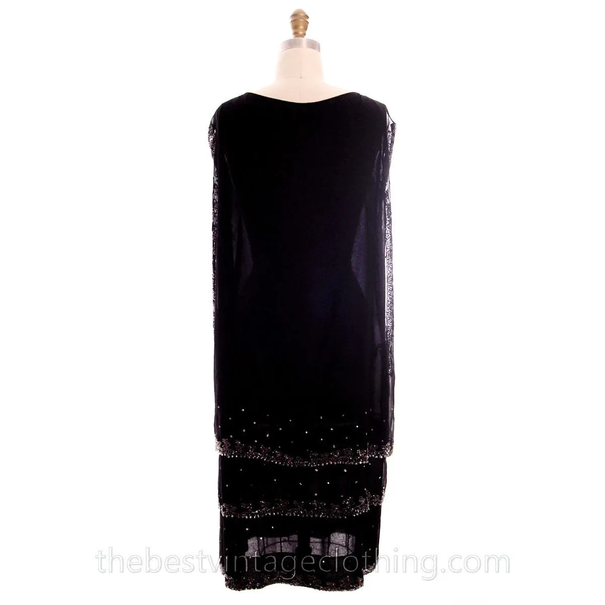 Stunning Antique 1920s Flapper Dress Beaded Black Chiffon Rhinestones Art Deco Near Mint 42 Bust