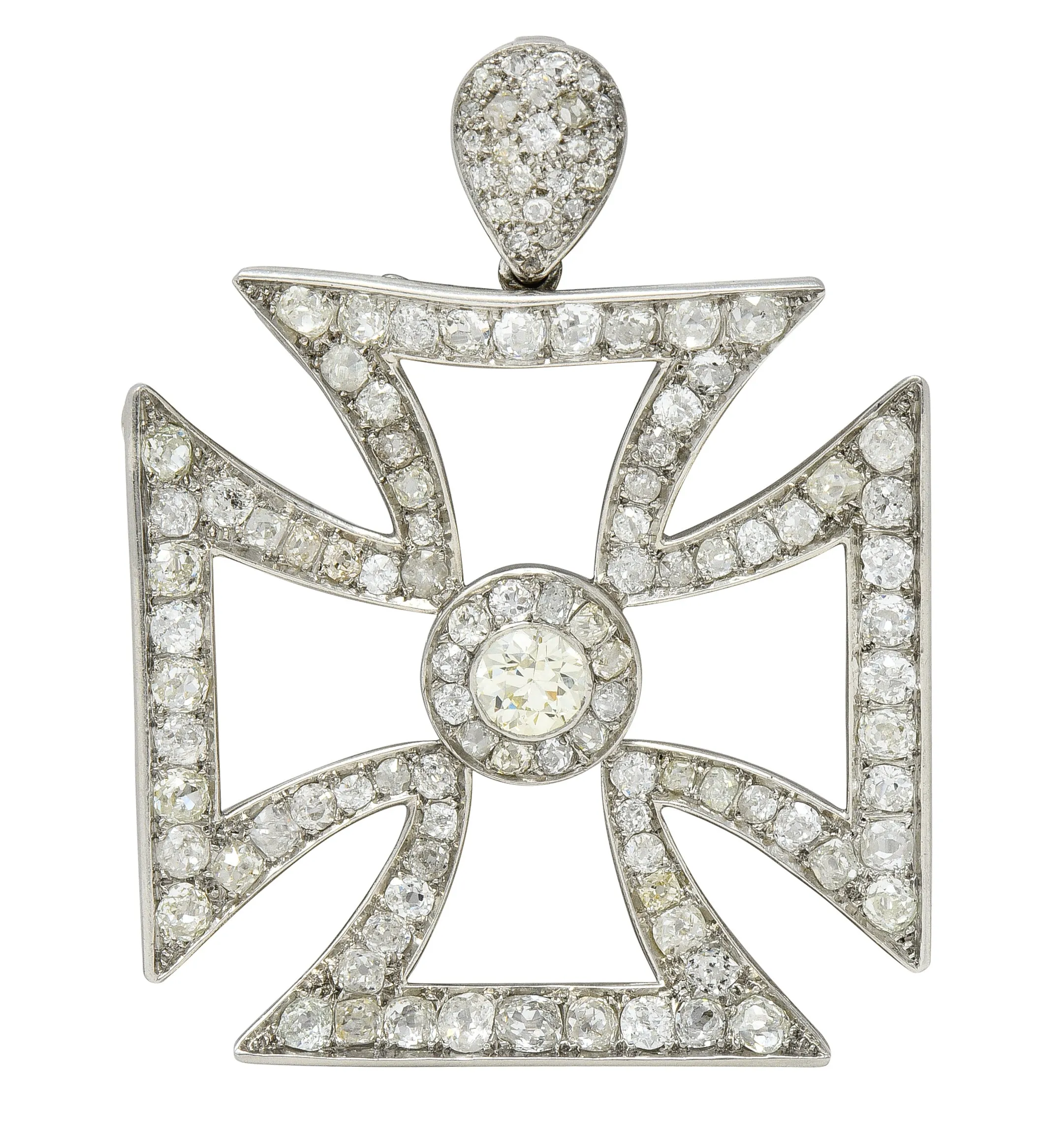 Substantial Art Deco 9.42 CTW Old European & Mine Cut Platinum Germanic Cross Vintage Pendant Meinrad Burch-Korrodi