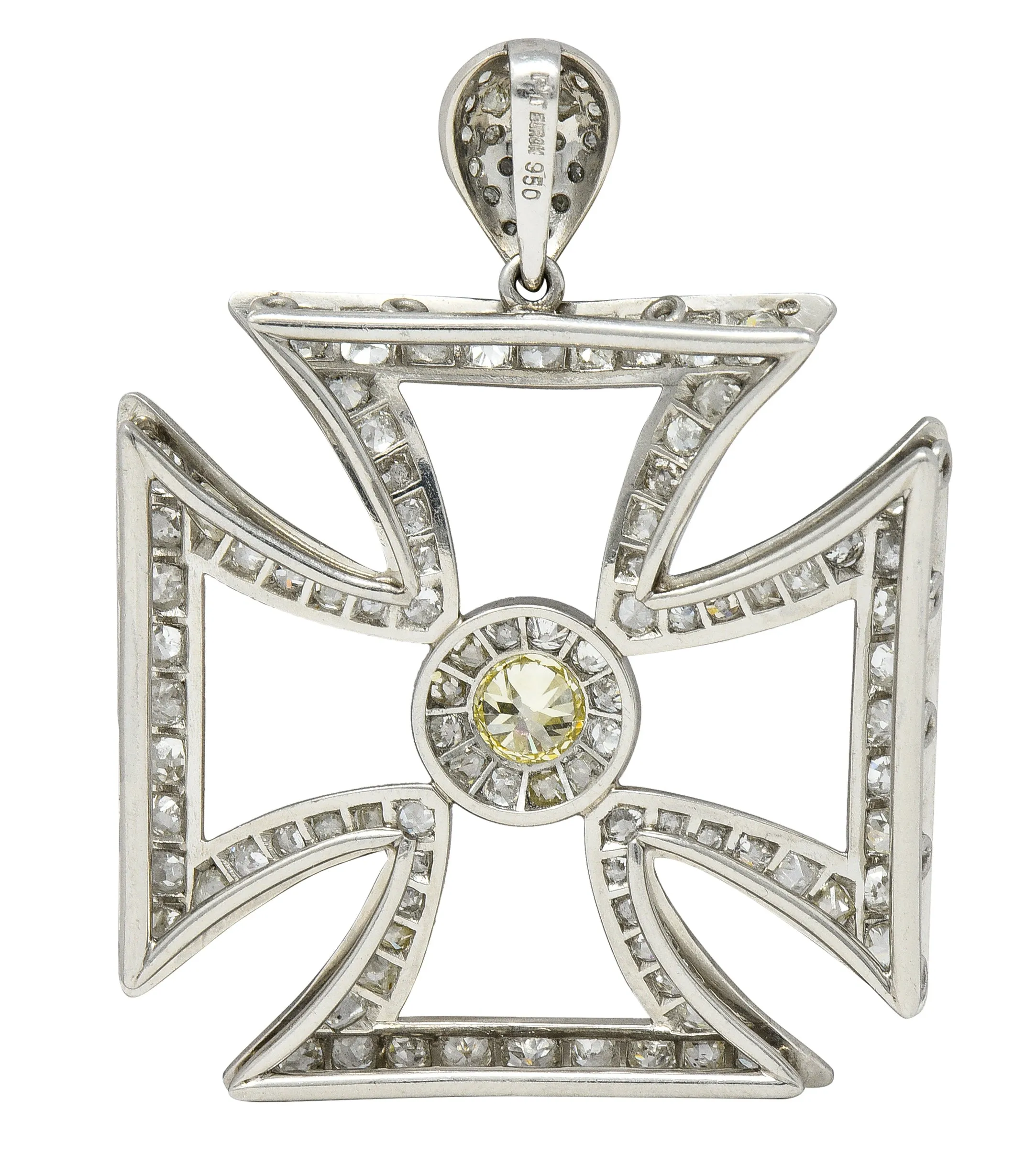Substantial Art Deco 9.42 CTW Old European & Mine Cut Platinum Germanic Cross Vintage Pendant Meinrad Burch-Korrodi