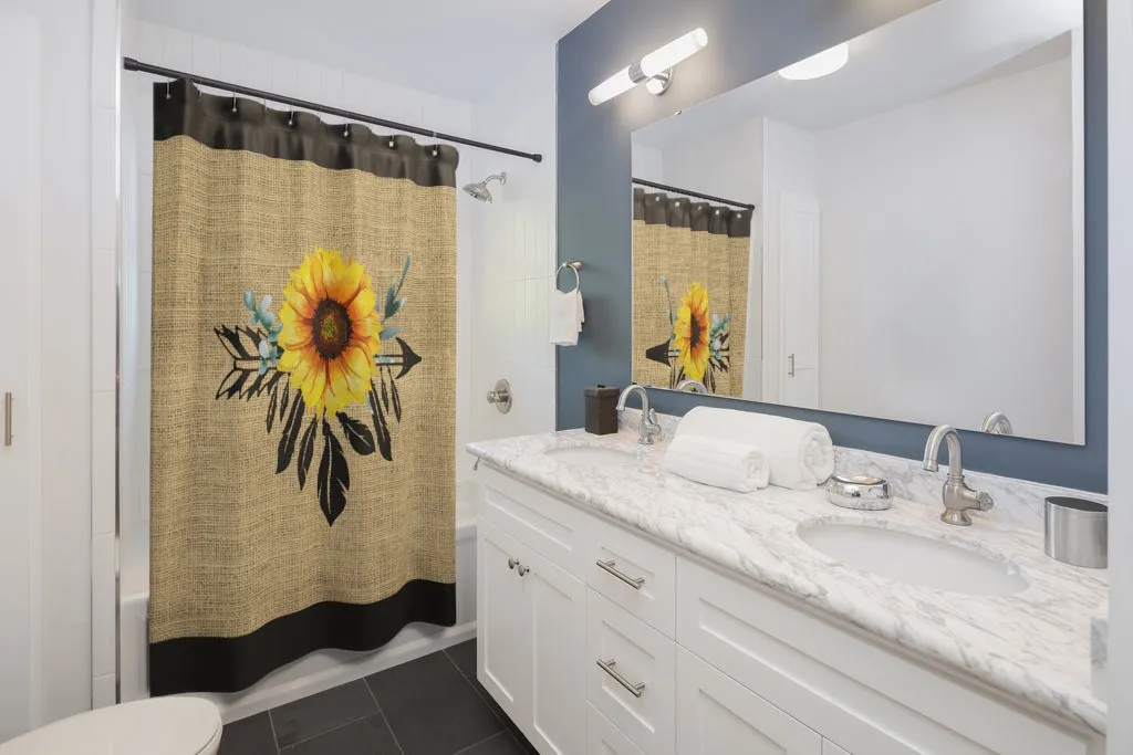 Sunflower Dreamcatcher on Boho Rustic Burlap Style Printed Shower Curtain With Black Trim
