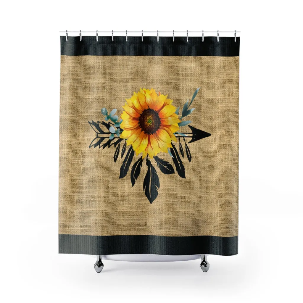 Sunflower Dreamcatcher on Boho Rustic Burlap Style Printed Shower Curtain With Black Trim