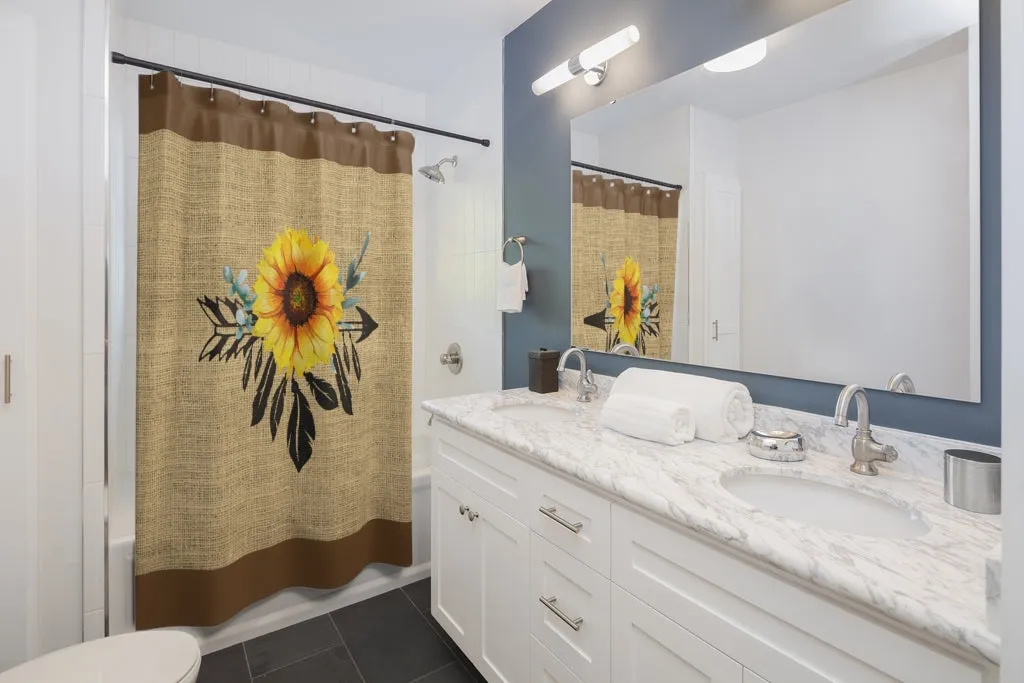 Sunflower Dreamcatcher on Boho Rustic Burlap Style Printed Shower Curtain With Brown Trim