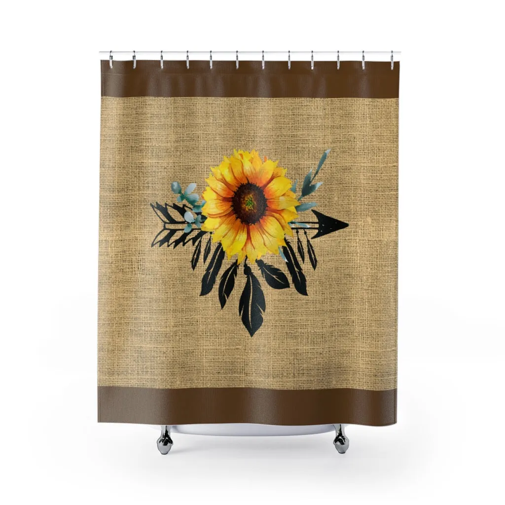 Sunflower Dreamcatcher on Boho Rustic Burlap Style Printed Shower Curtain With Brown Trim