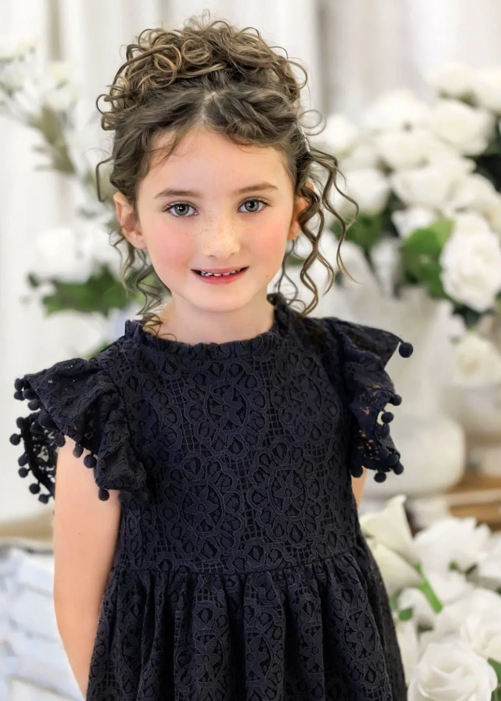 Sunflower Lace Pom Pom Trim Girl Dress in Black