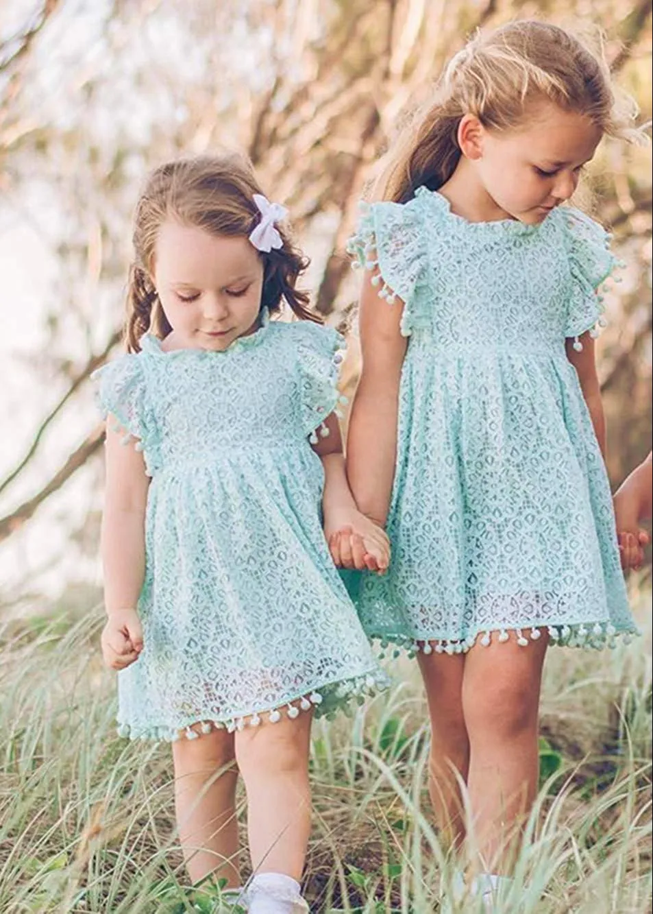 Sunflower Lace Pom Pom Trim Girl Dress in Mint