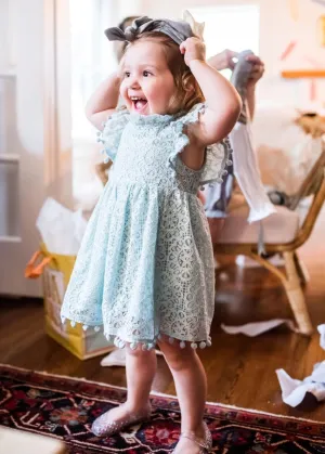 Sunflower Lace Pom Pom Trim Girl Dress in Mint