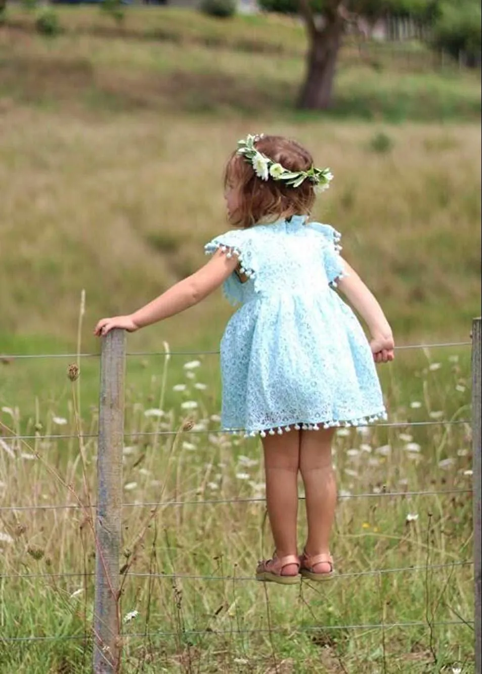 Sunflower Lace Pom Pom Trim Girl Dress in Mint