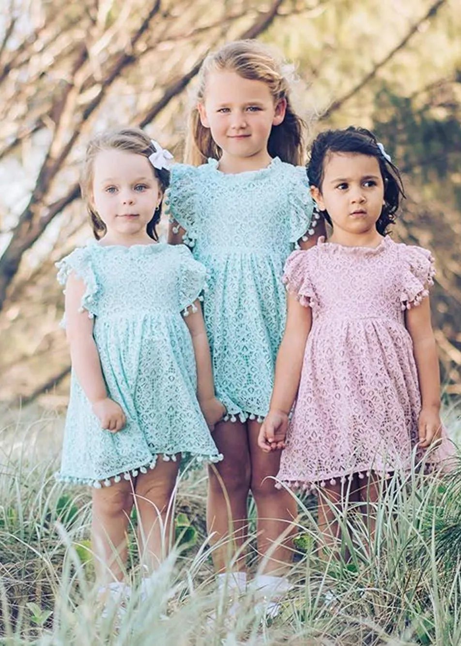 Sunflower Lace Pom Pom Trim Girl Dress in Mint