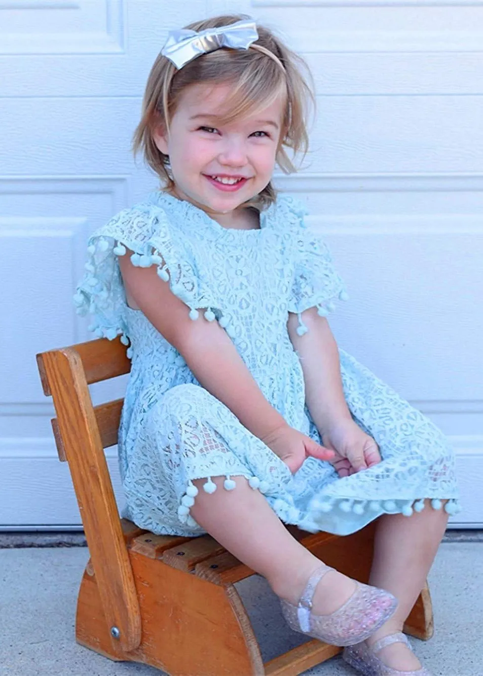Sunflower Lace Pom Pom Trim Girl Dress in Mint