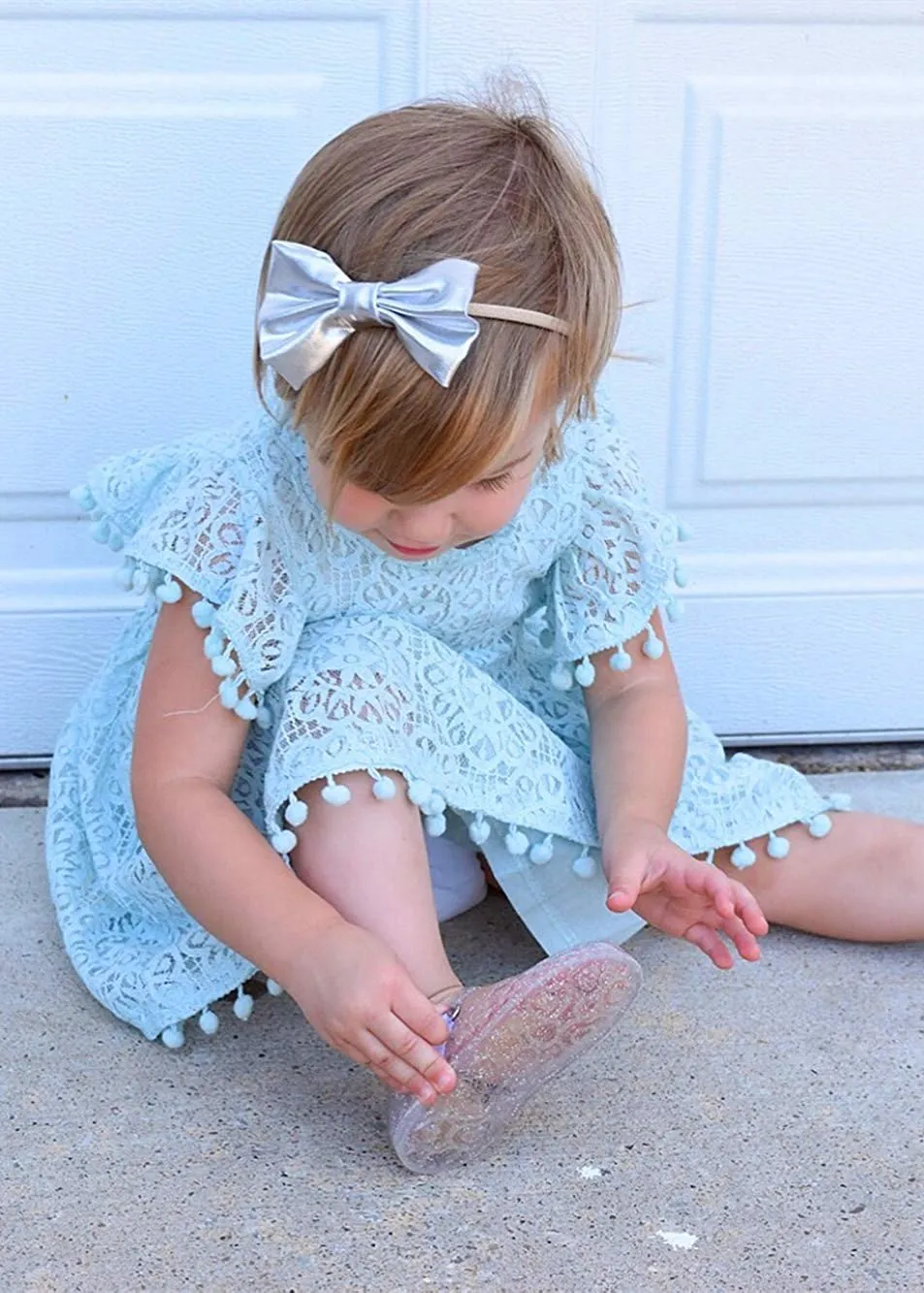 Sunflower Lace Pom Pom Trim Girl Dress in Mint