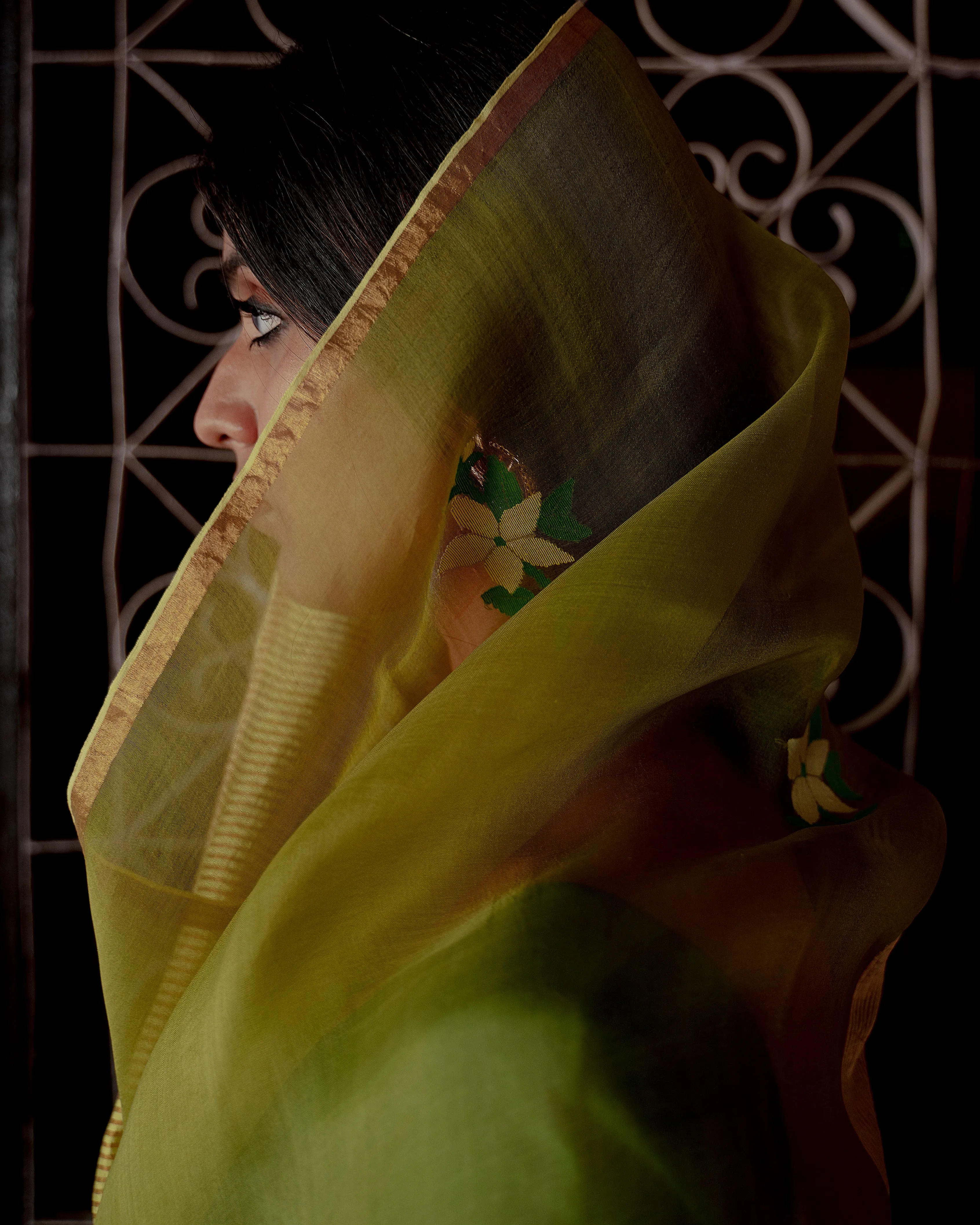 Suparna Som mehendi sari 48 inch width by 5.5 meter length Olive silk - delivery Time 8 weeks Festive 24 LOOK-06