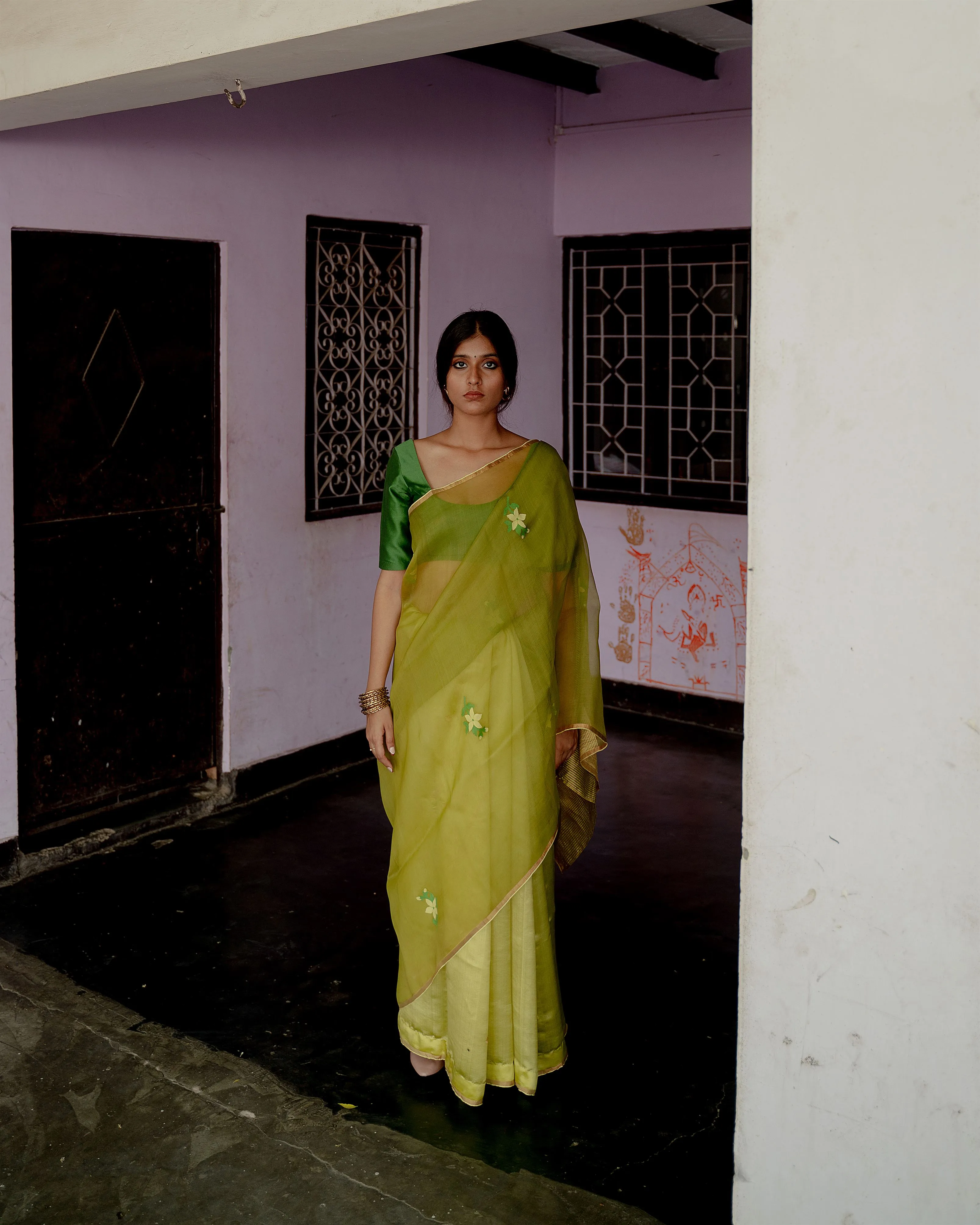 Suparna Som mehendi sari 48 inch width by 5.5 meter length Olive silk - delivery Time 8 weeks Festive 24 LOOK-06