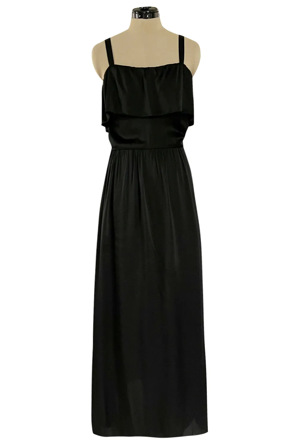 Superb Late 1970s Christian Dior by Marc Bohan Minimalist Demi-Couture Black Silk Dress