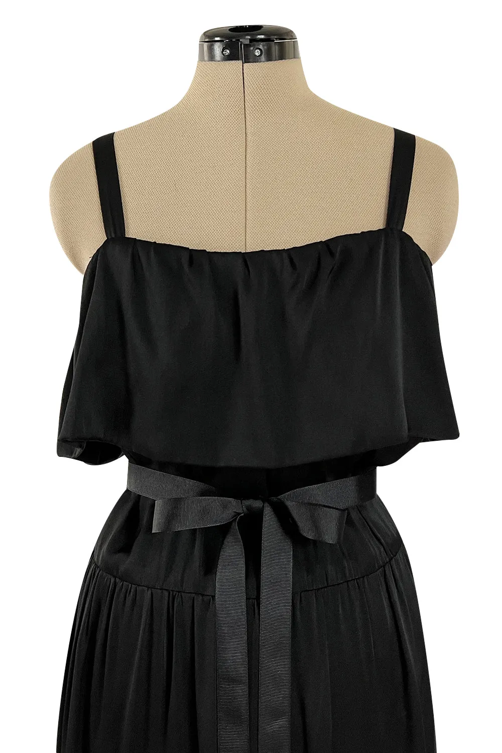 Superb Late 1970s Christian Dior by Marc Bohan Minimalist Demi-Couture Black Silk Dress