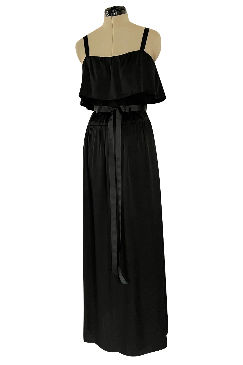Superb Late 1970s Christian Dior by Marc Bohan Minimalist Demi-Couture Black Silk Dress