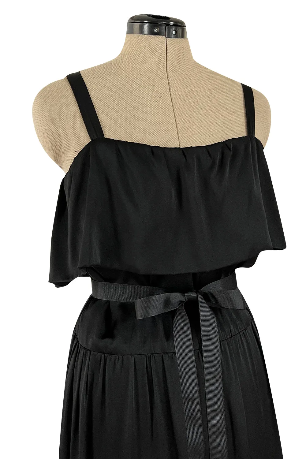 Superb Late 1970s Christian Dior by Marc Bohan Minimalist Demi-Couture Black Silk Dress