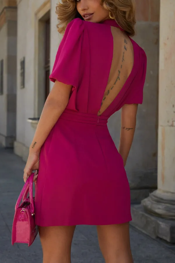 Sweet Surprise Puff Sleeve Rose Ruffles Detail Waist Backless Mini Dress