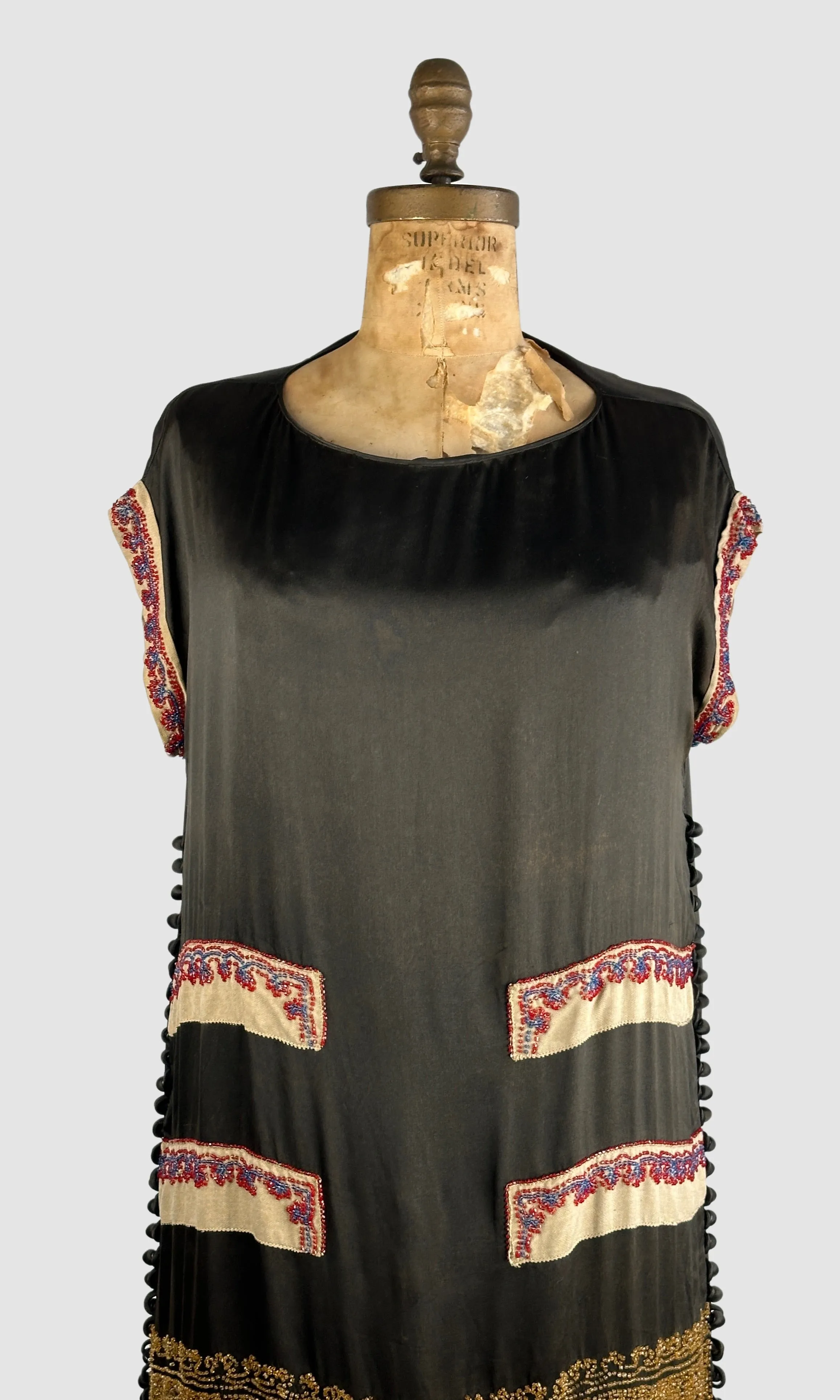 THE BEAD GENERATION  20s Beaded Silk Dress with Jewel Tone Beads • Medium