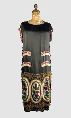 THE BEAD GENERATION  20s Beaded Silk Dress with Jewel Tone Beads • Medium