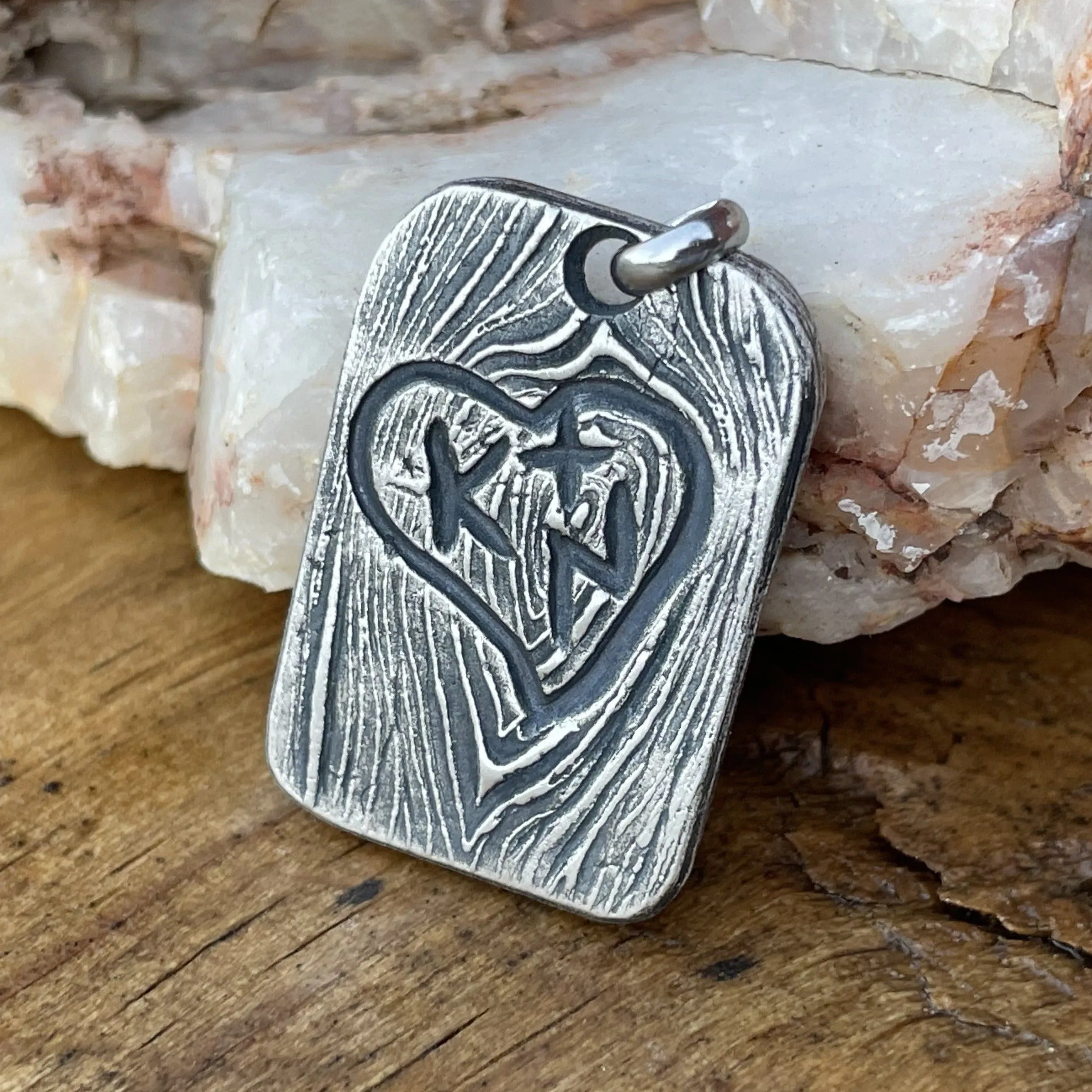 Tree Bark Textured Pendant | Personalized Sterling Silver Tag